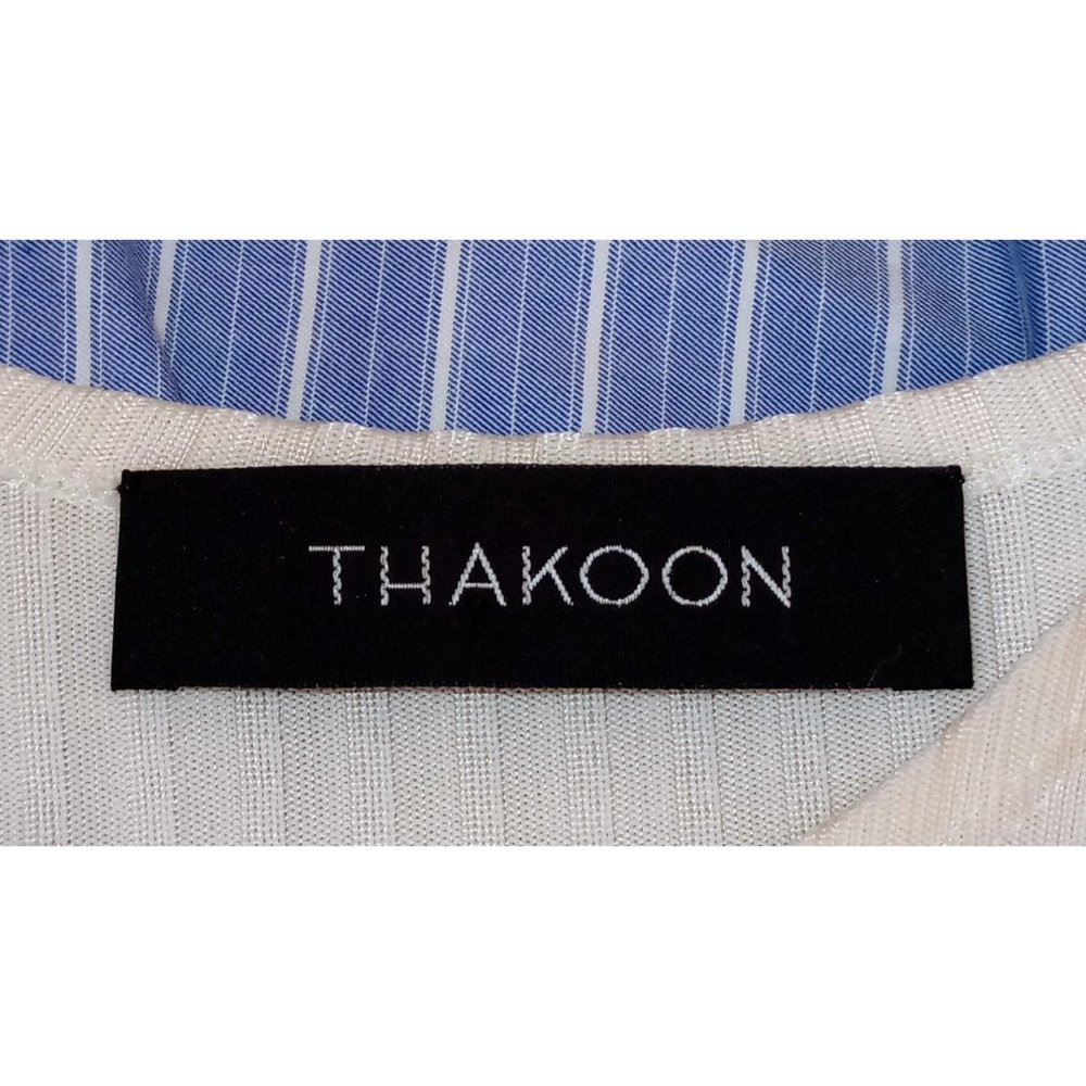Thakoon Cream Ribbed Long-Sleeve Dress with Blue Pinstripe Wrap - Picture 6 of 6
